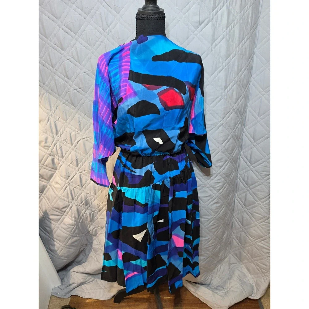 Vtg 80s Babacho for Nicole Hand Painted Silk Dress & Matching Scarf Set Art